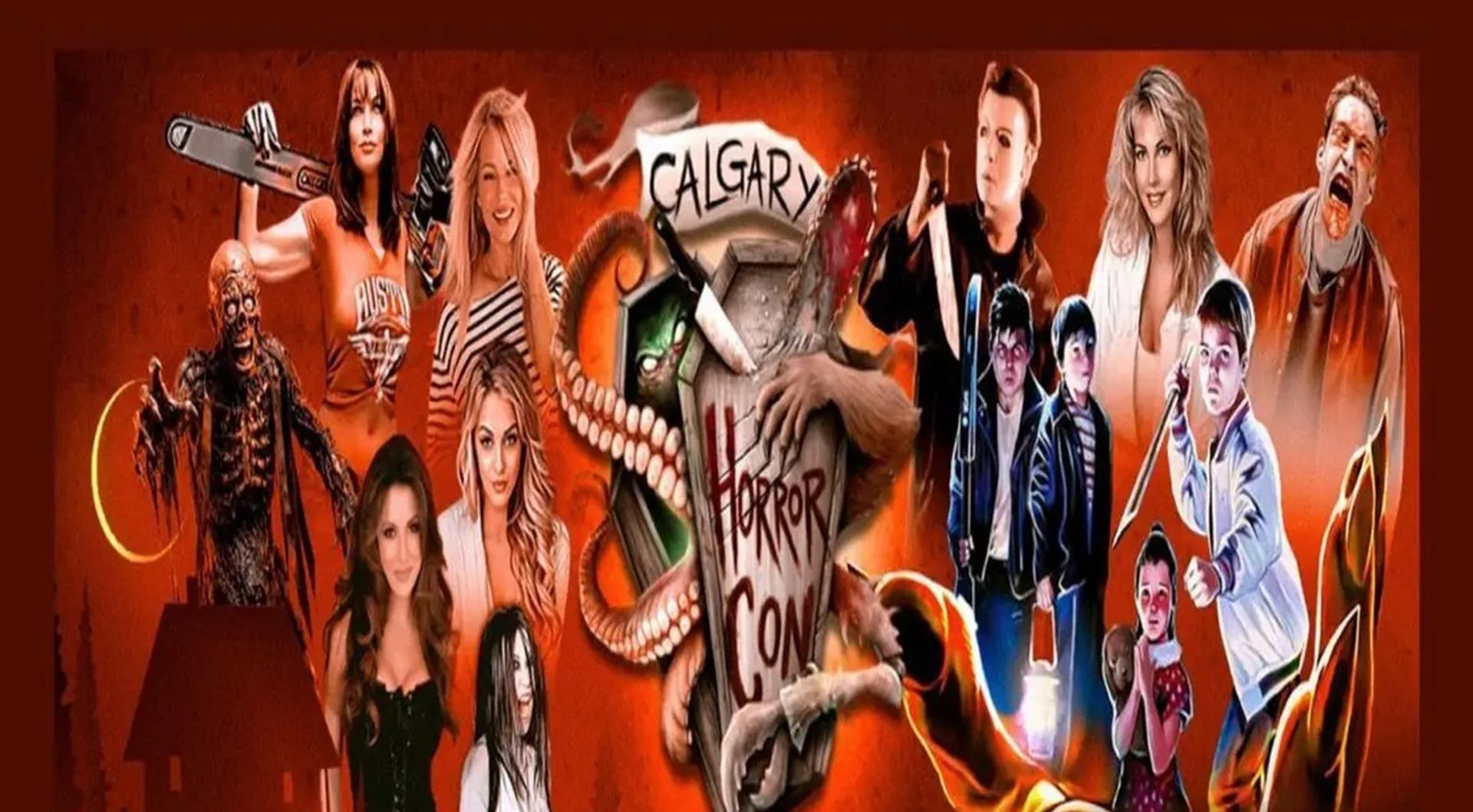 Horror convention collage features costumed characters, monsters and Calgary signage.