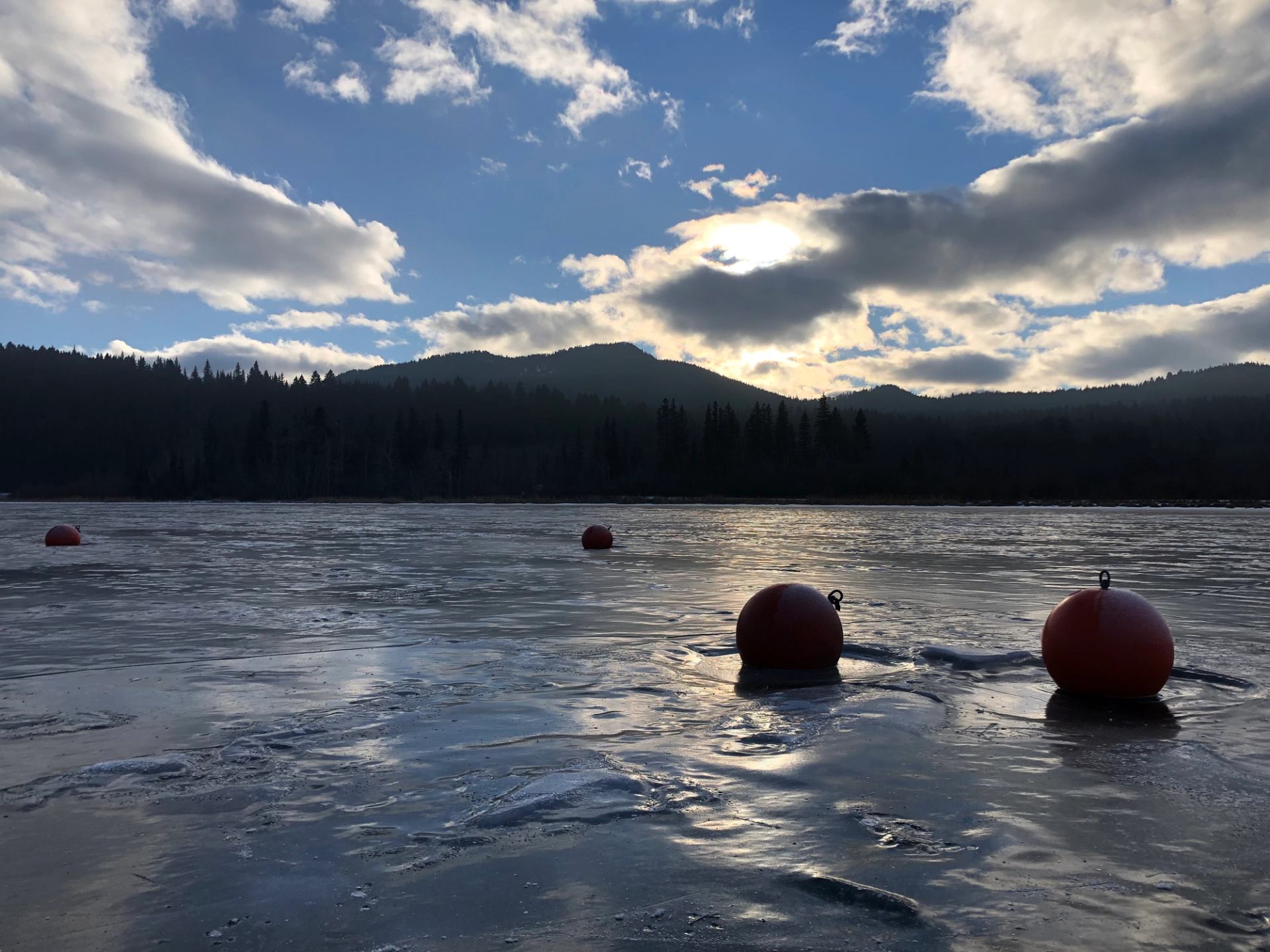 Red buoys frozen in ice with mountains and cloudy sky in the background.