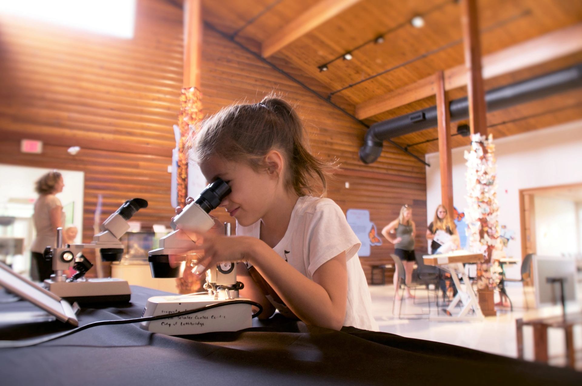 A child looks through a microscope at a table inside a bright nature learning space.