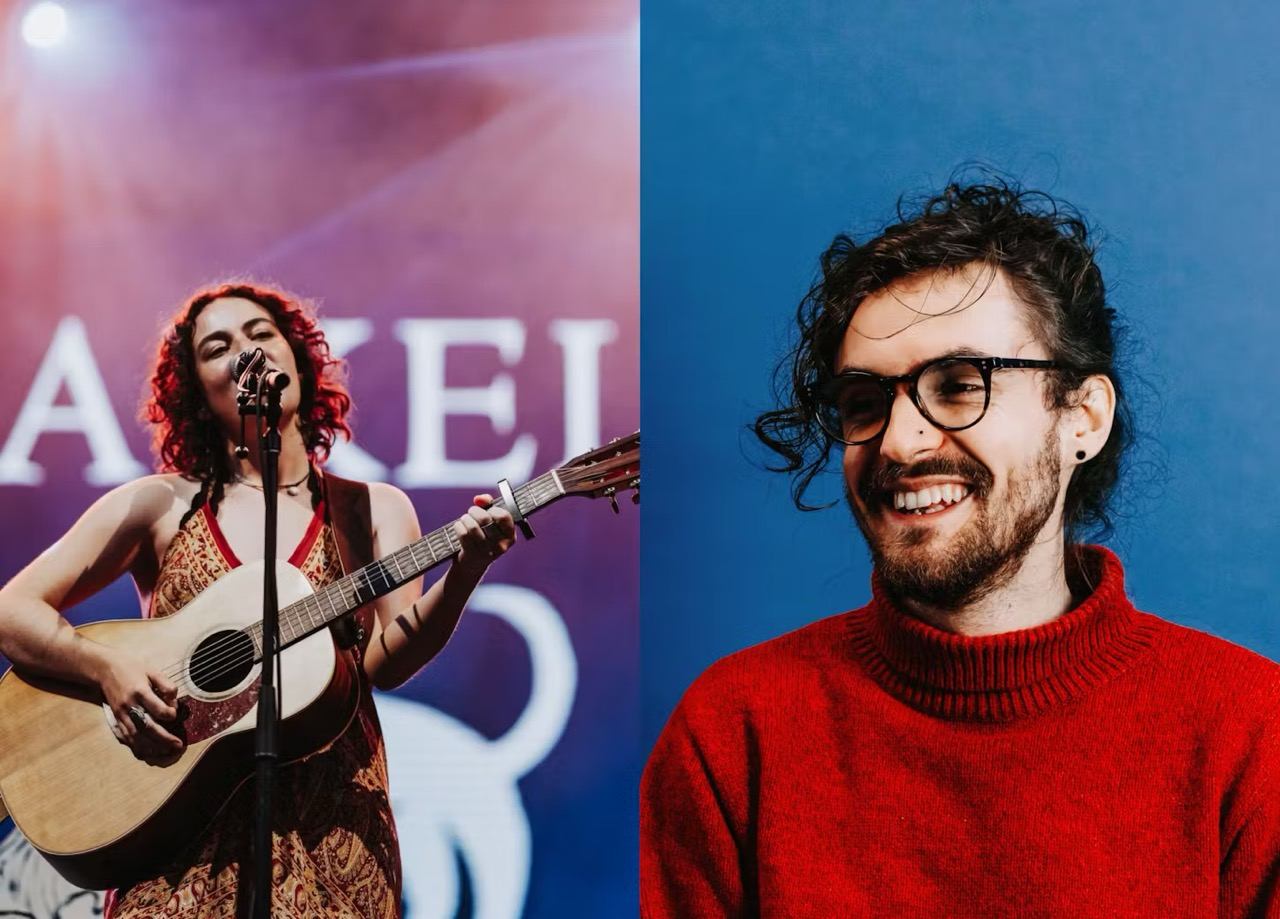 Split image of two musicians—one playing guitar on stage, one in red sweater against blue backdrop.