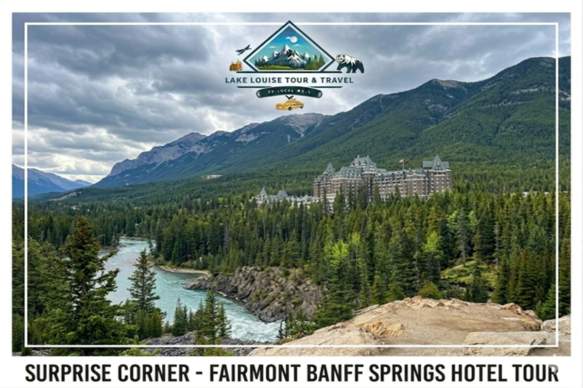Fairmont Banff Springs Hotel above forested valley and river, framed by mountains and clouds