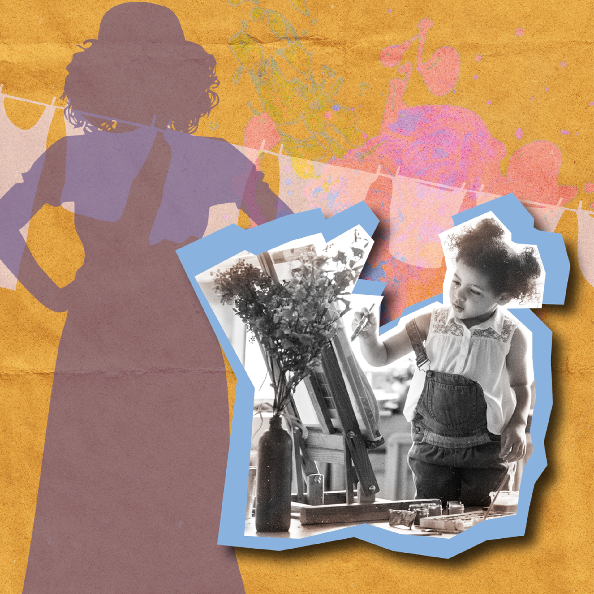 Collage of child painting at easel with flowers overlaid on colourful silhouette background.