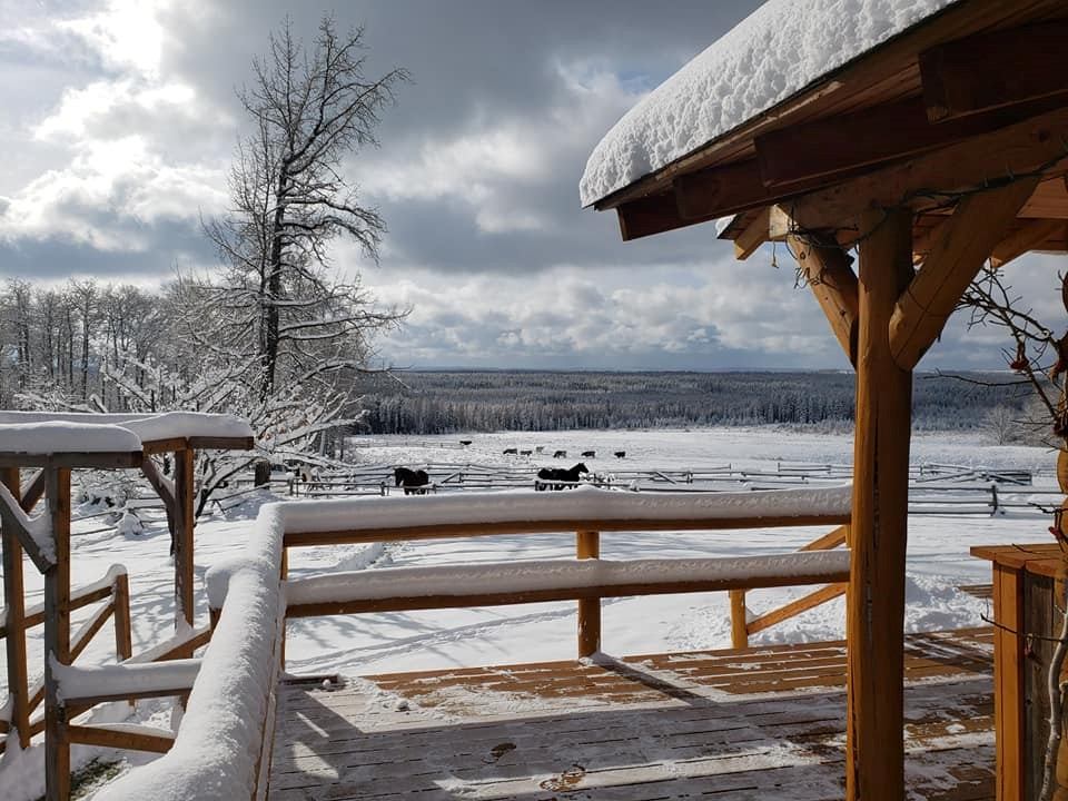 Cabin in the Winter at Ride the Wind Ranch.