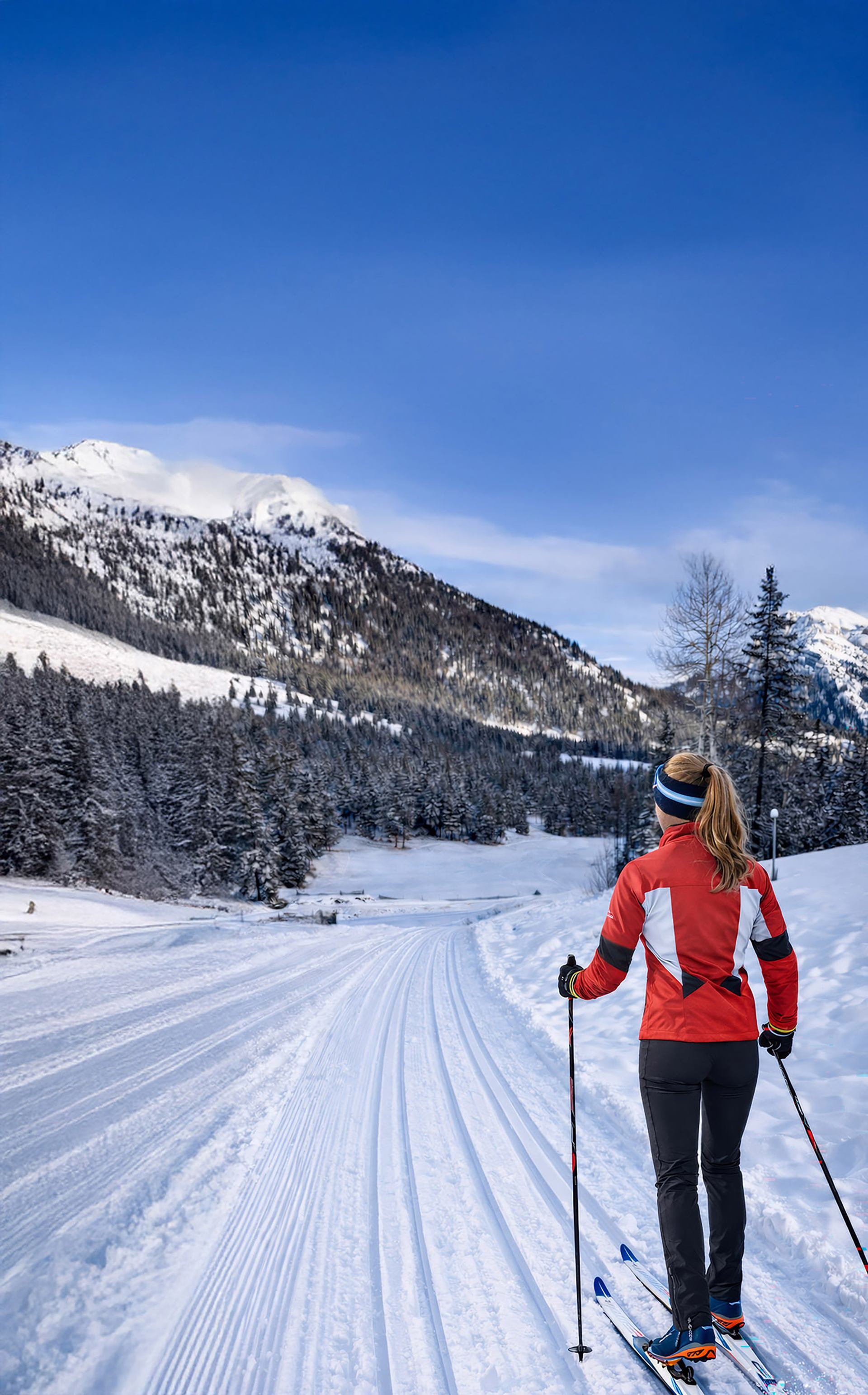 Person cross-country skiing on a groomed snowy trail with mountains and forest at Silvertip Resort.