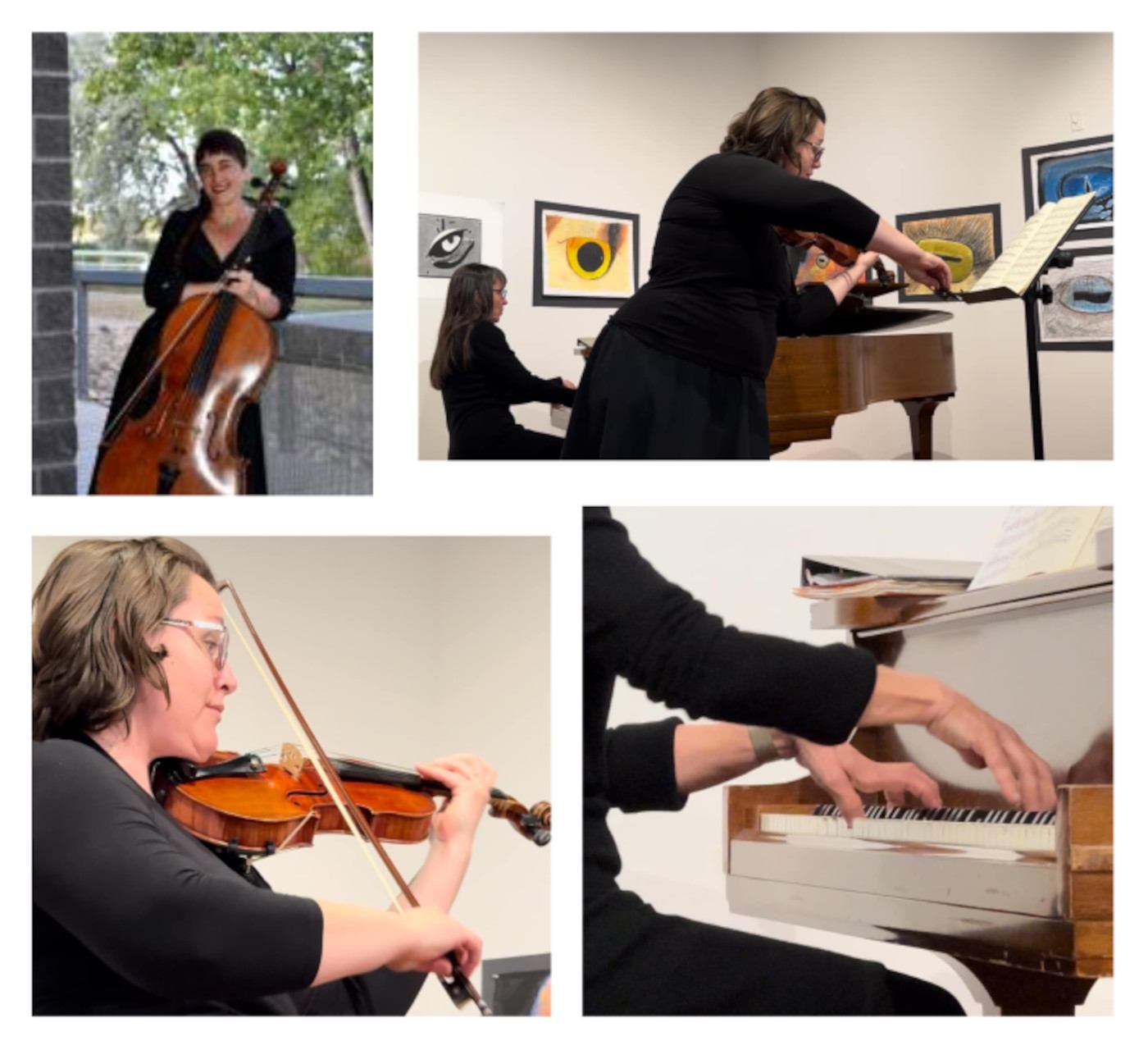 Musicians performing cello, violin, and piano inside an art gallery with framed paintings.