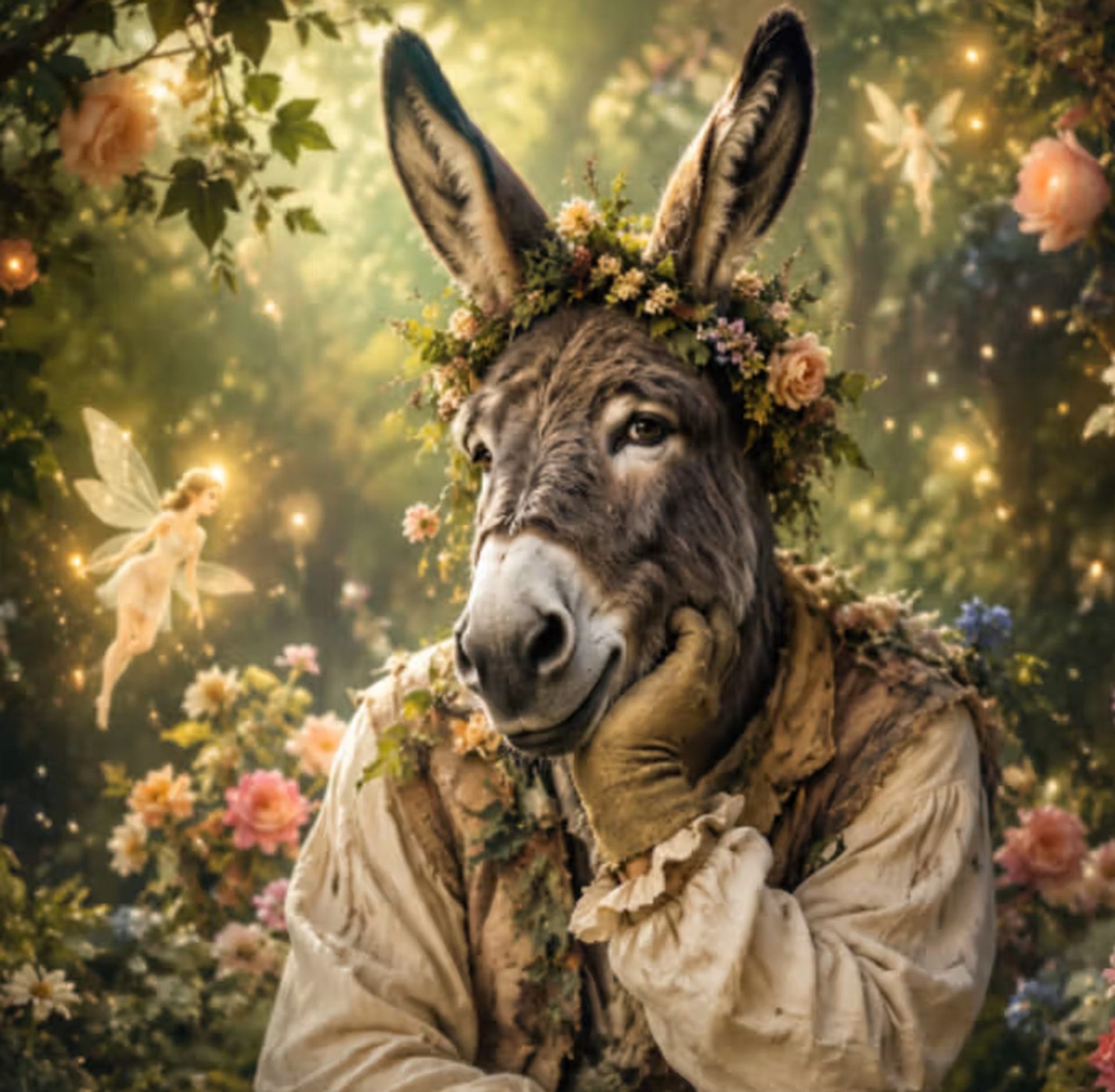 Donkey-headed figure in floral wreath sits in glowing forest with flying fairies.