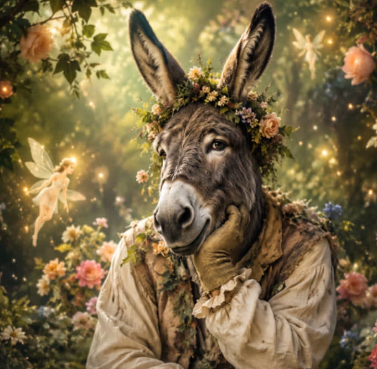 Donkey-headed figure in floral wreath sits in glowing forest with flying fairies.