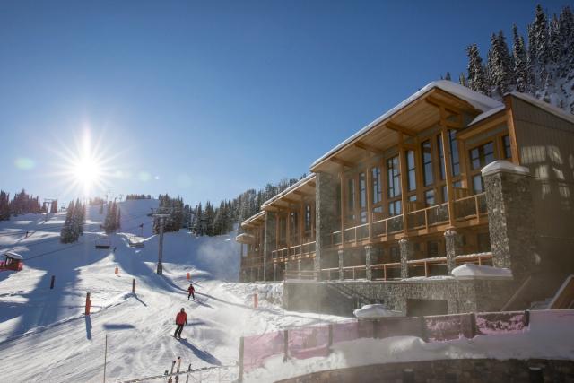 The base of Sunshine Mountain Lodge on a beautiful day in Banff National Park.