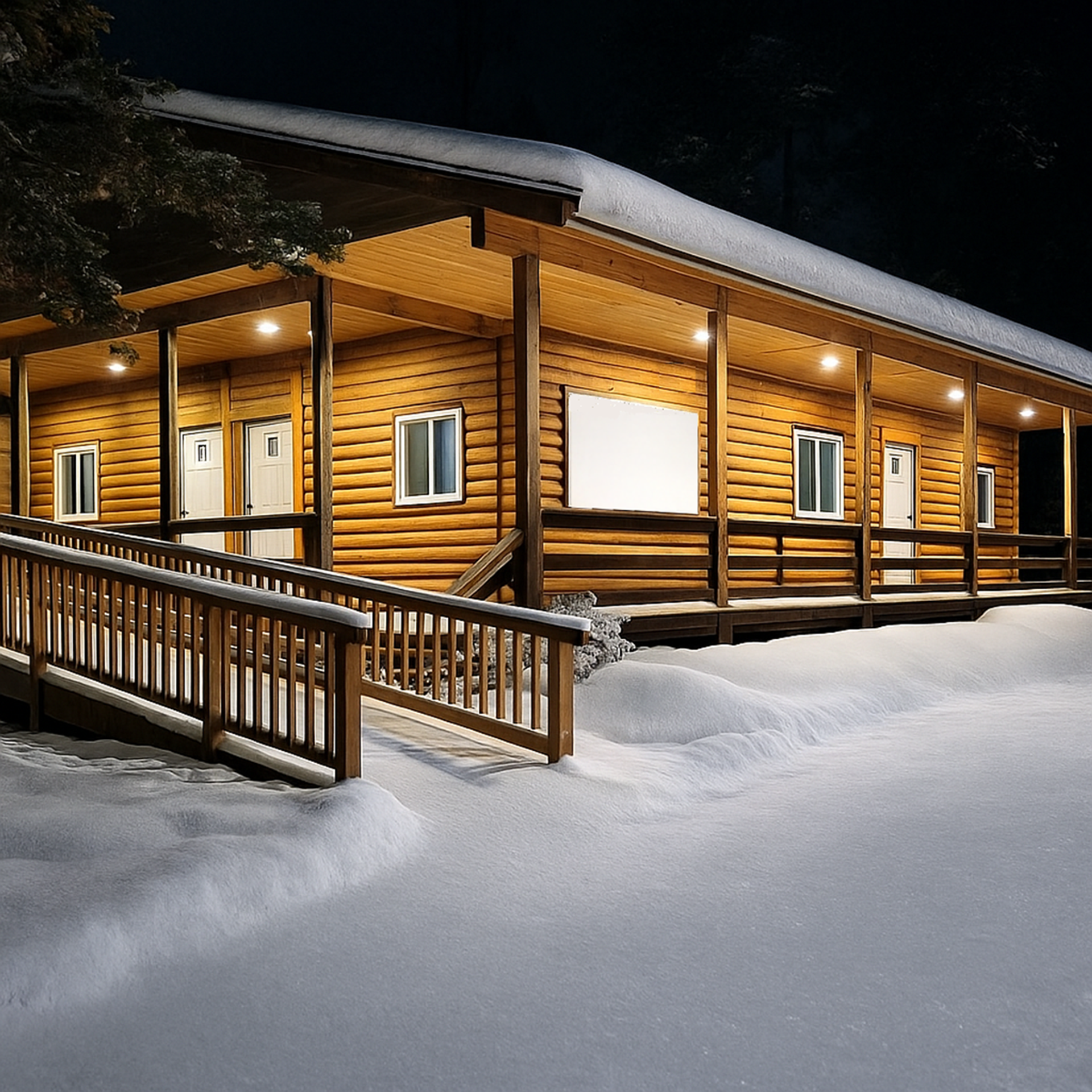 Log building after a fresh snowfall