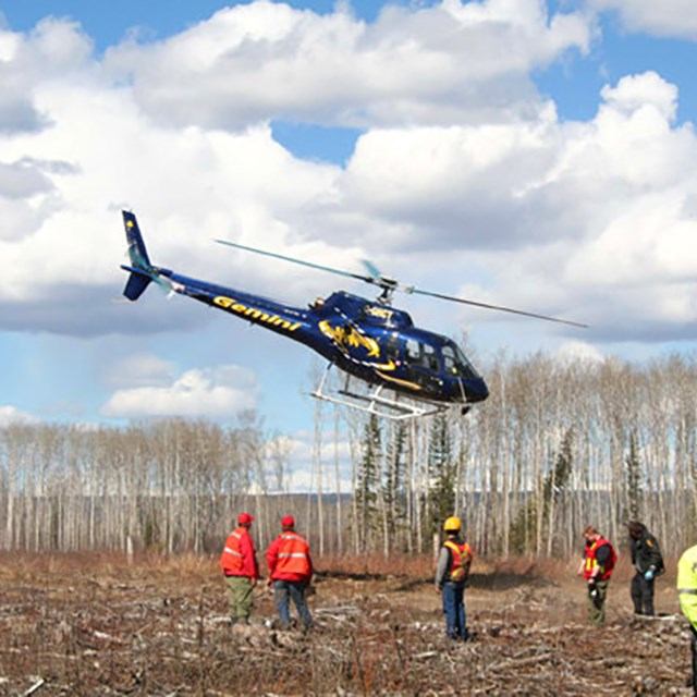 Gemini helicopter hovers over brushy clearing as workers stand below under clouds.