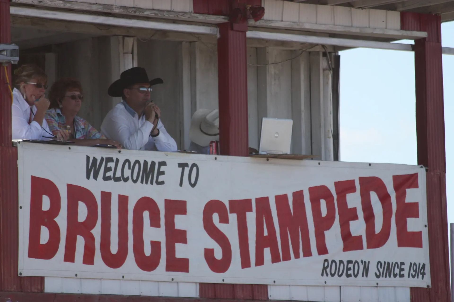 Banner reading “Welcome to Bruce Stampede” on announcer’s booth.