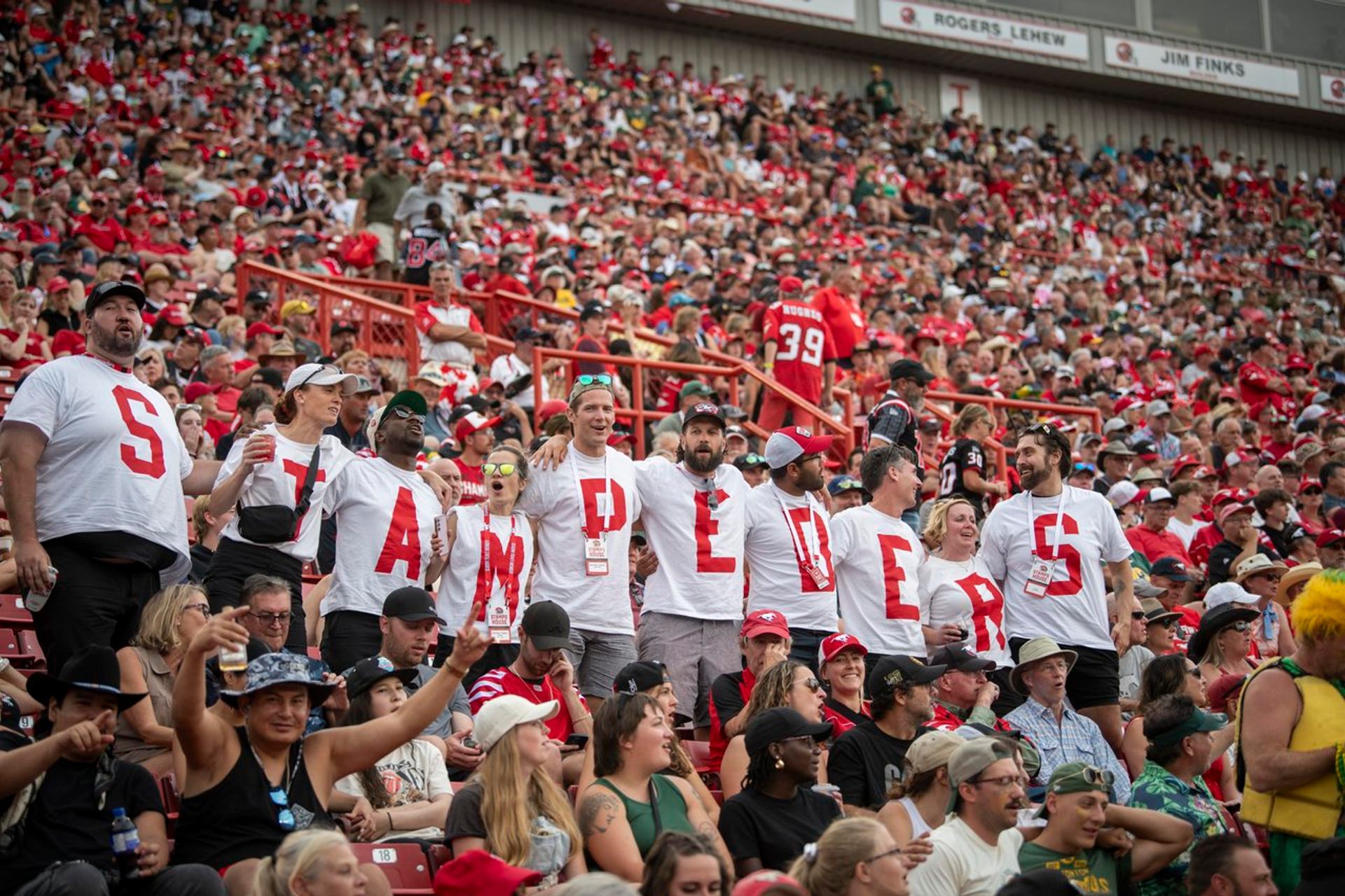 Football fans in lettered shirts stand together amid a crowded stadium.