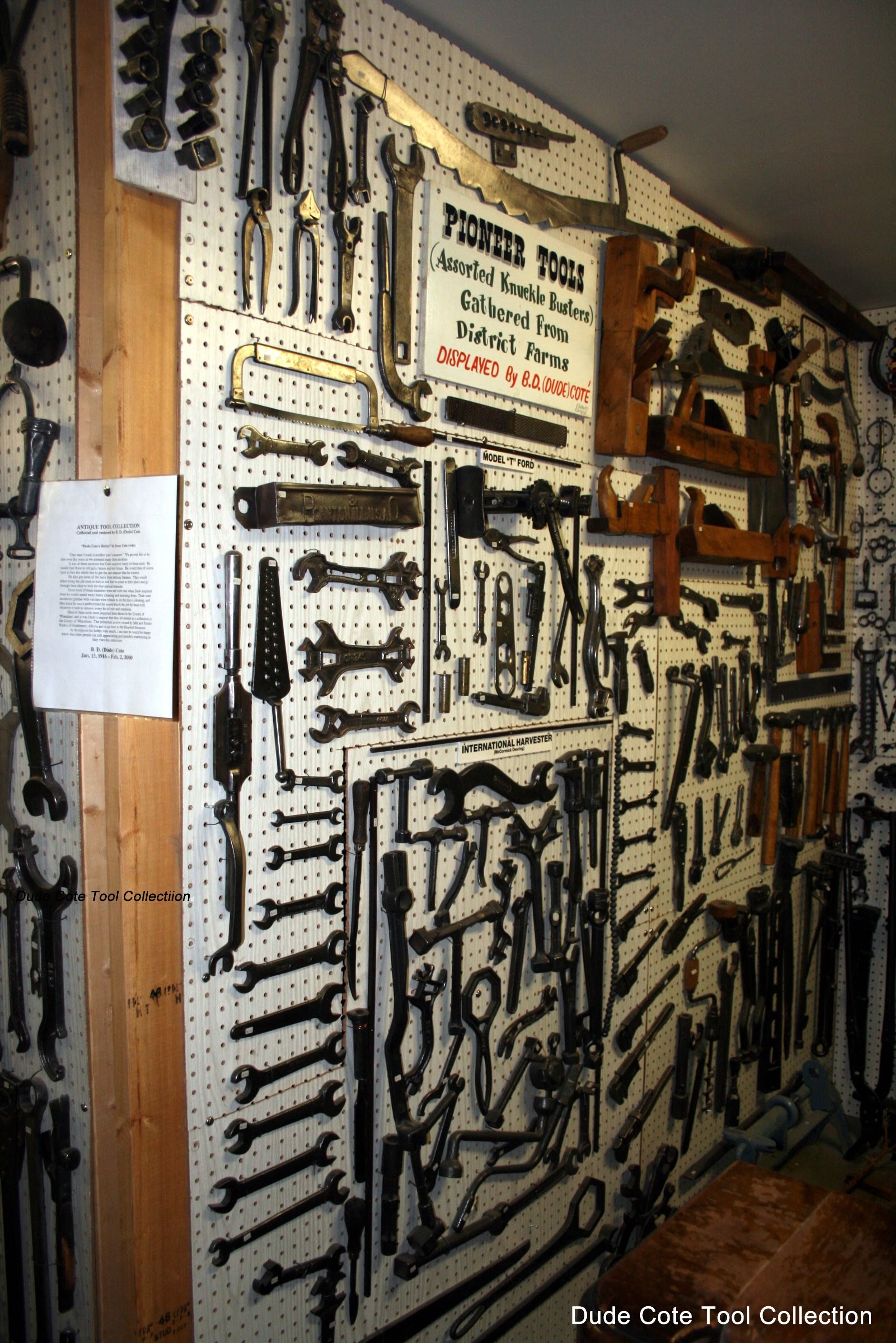 Various wire-brushed tools for woodworking, tractor and equipment.