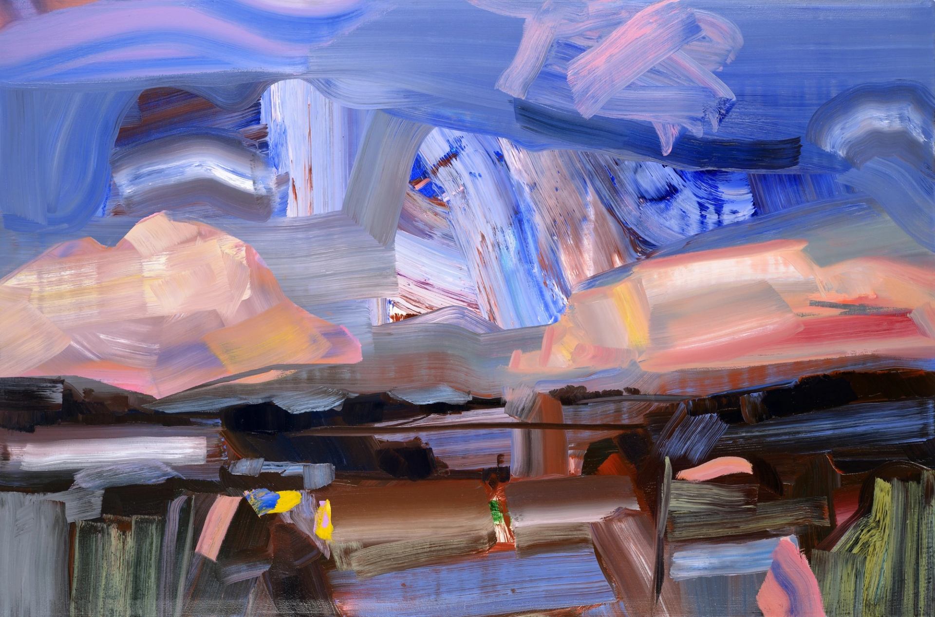 Abstract painting with broad blue, pink, grey and black brushstrokes.