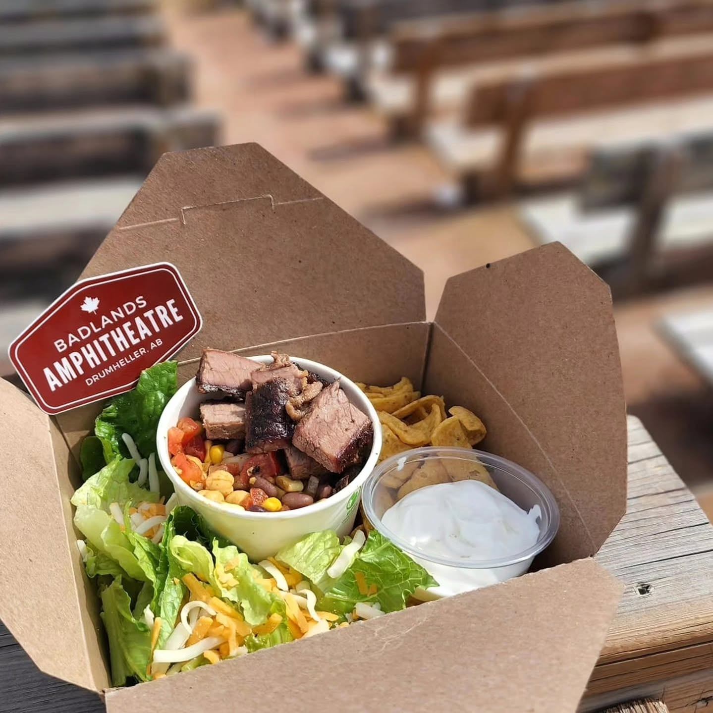 Takeout box with salad, brisket bowl, chips and dip on amphitheatre bench.