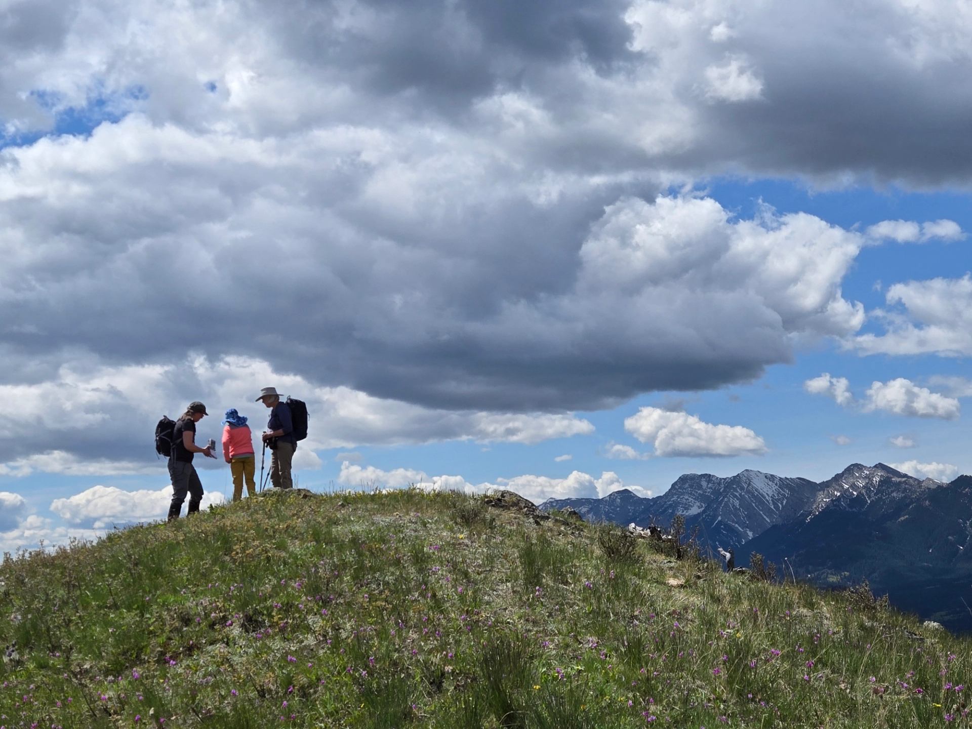 Three hikers stand on grassy hilltop under large clouds with distant snow-capped mountains.