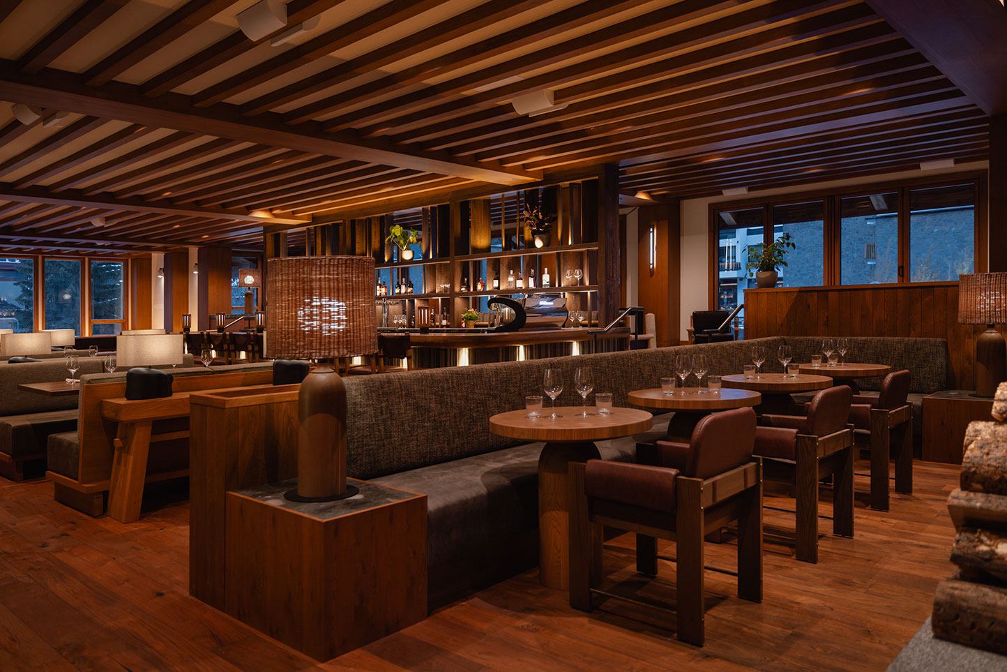 A wide view of Good Folk restaurant showing the lounge, dining room, and bar area