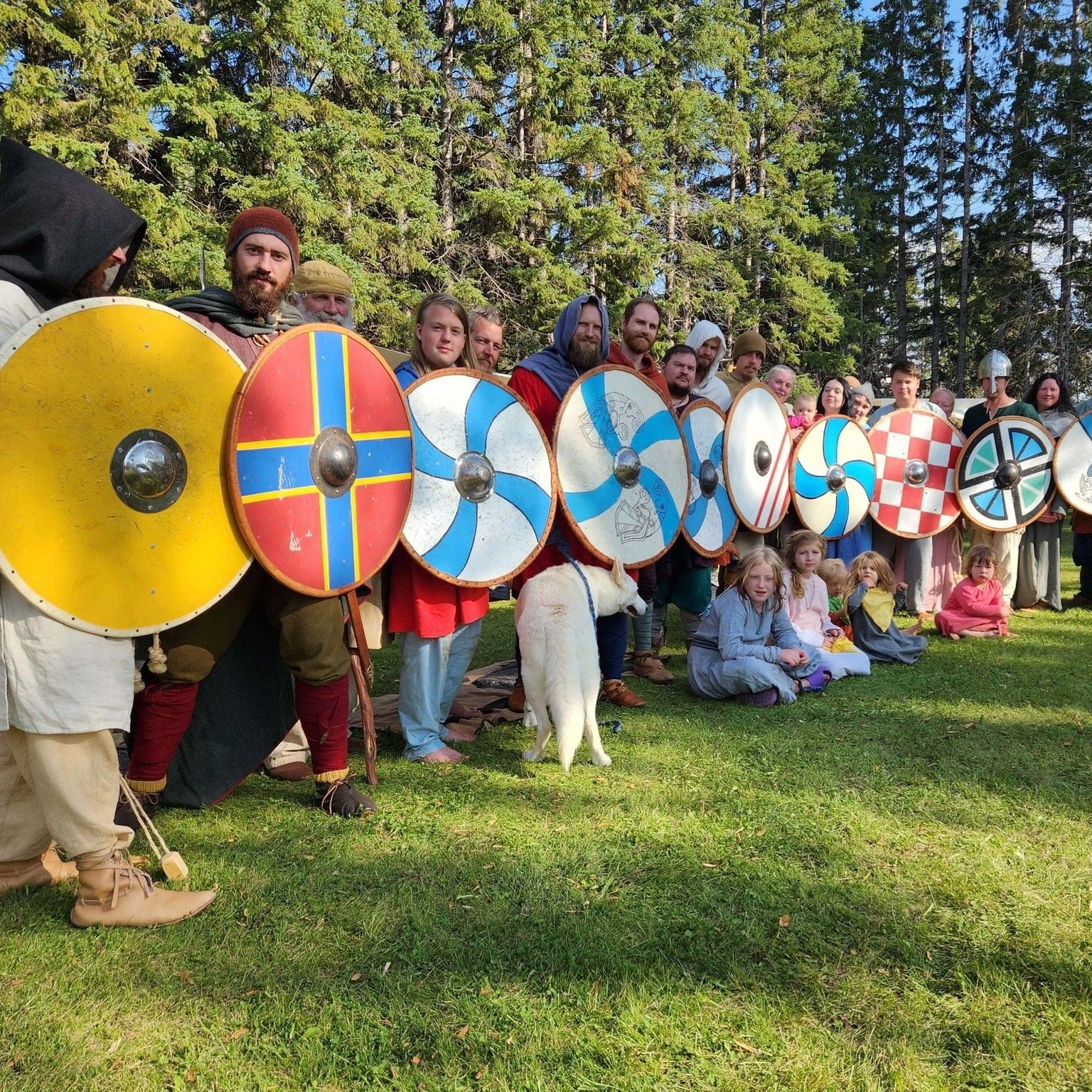 Group in medieval attire holding colorful shields in outdoor setting.