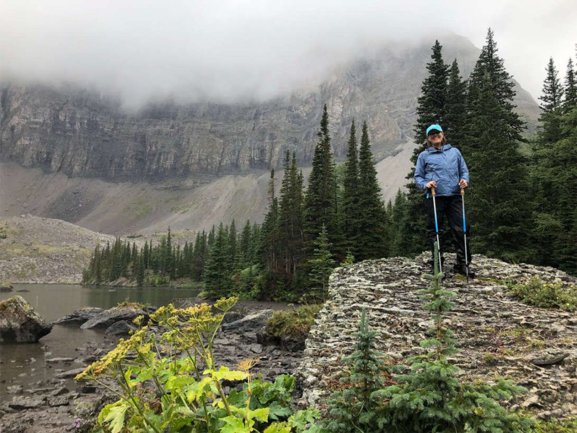 Hiker with trekking poles stands on rocky ledge beside alpine lake and conifer forest.