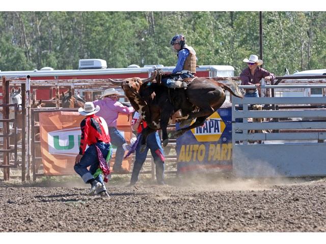 Rodeo bull rider holds on as bull leaps, with rodeo clowns and spectators nearby.