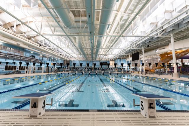 A view of the pool and diving boards.