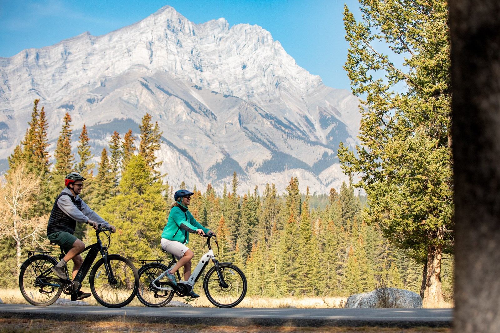 Two cyclists ride mountain trail with forest and rocky peaks under clear blue sky.