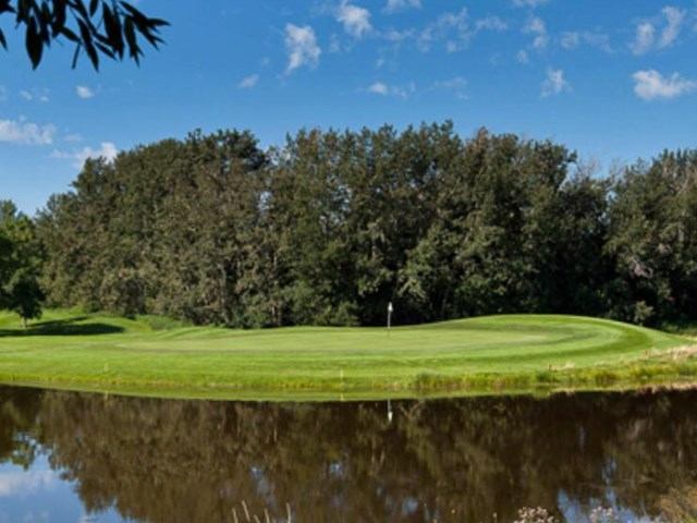 Golf course fairway beside a pond with trees and blue sky in background.