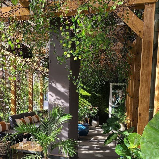 A lush, sunlit patio with hanging greenery, wooden beams, and potted plants. A cozy seating area with cushions adds a serene, inviting atmosphere.