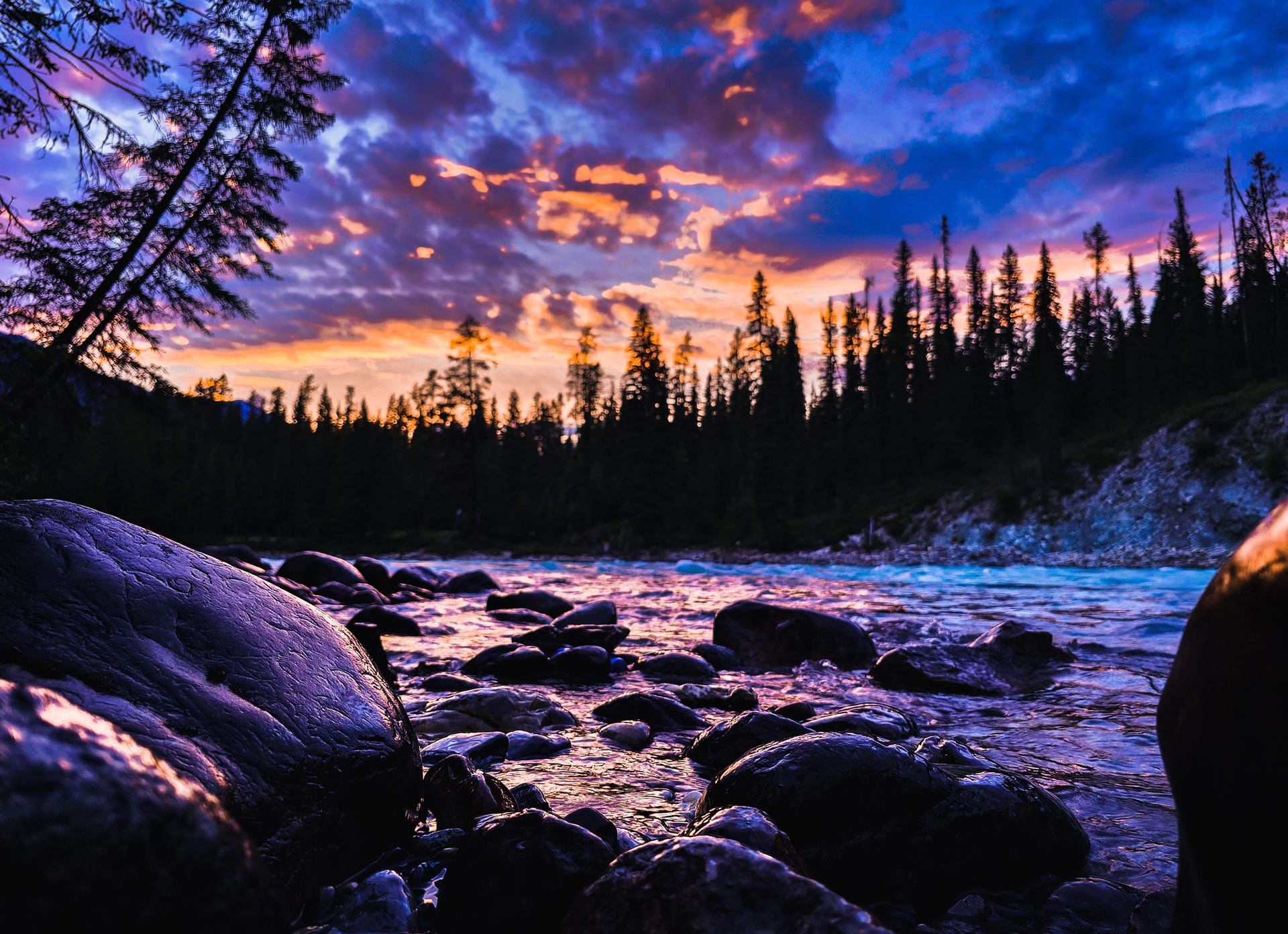 Sunset casts pink and purple hues over a forest river, with smooth stones and calm, reflective water.