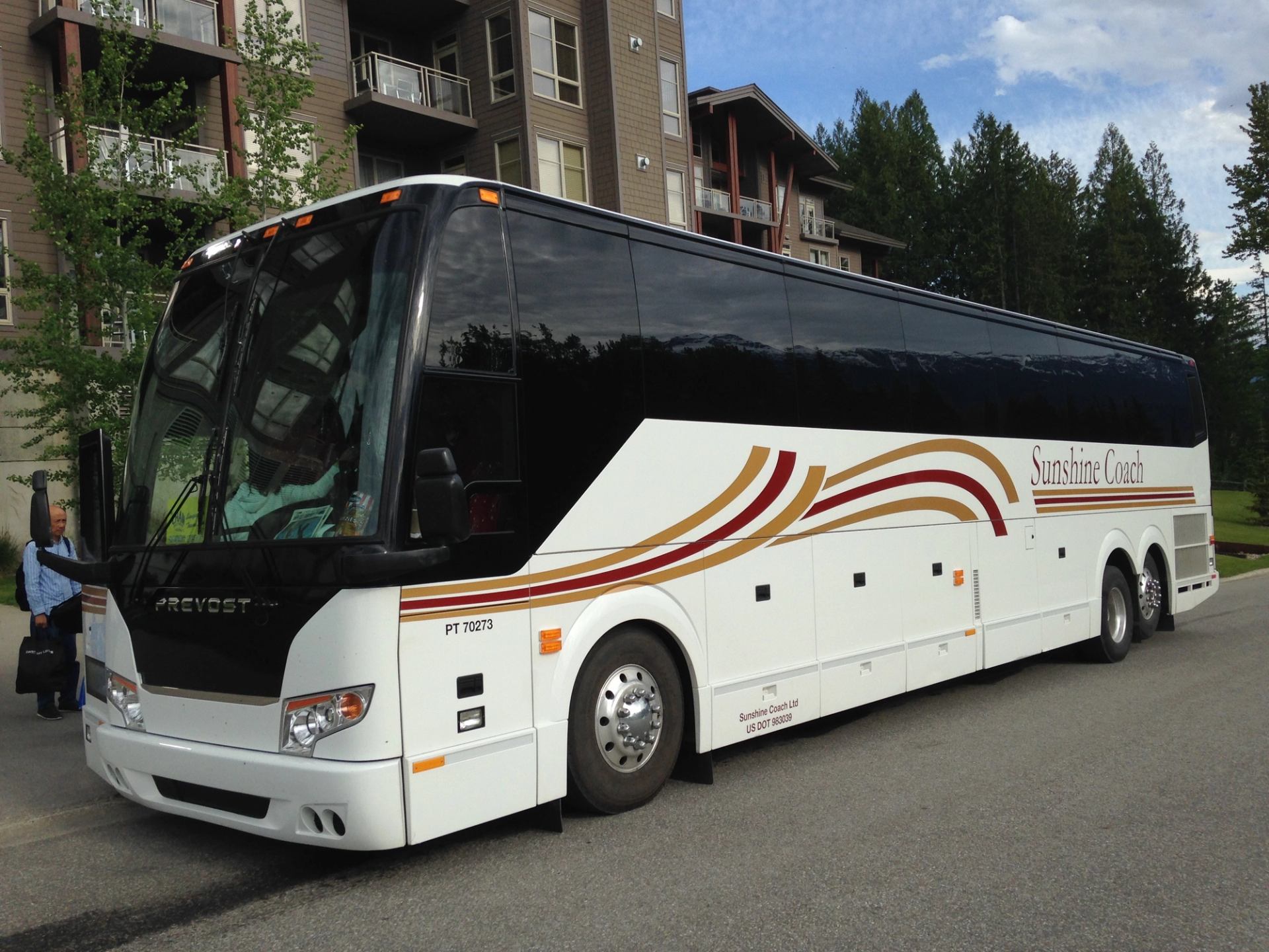 Sunshine Coach bus with red and gold stripes parked near buildings and trees.