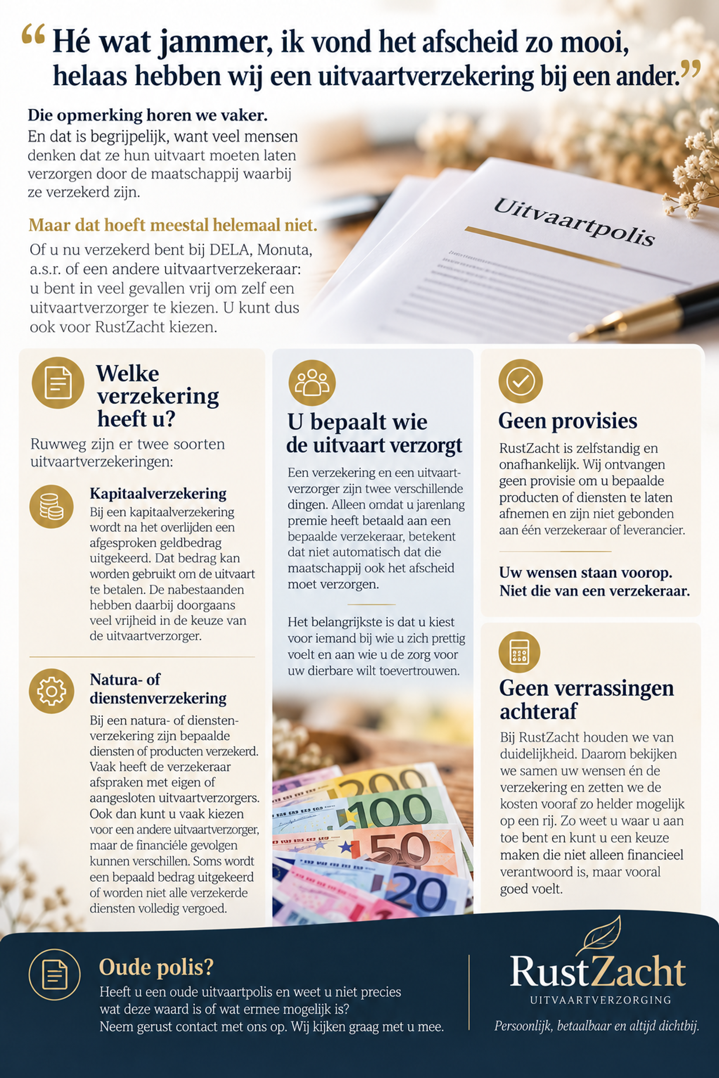 Poster met het citaat "Hé wat jammer, ik vond het afscheid zo mooi, helaas hebben wij een uitvaartverzekering bij een ander", met uitleg over kapitaal- en naturaverzekeringen en dat u zelf bepaalt wie de uitvaart verzorgt