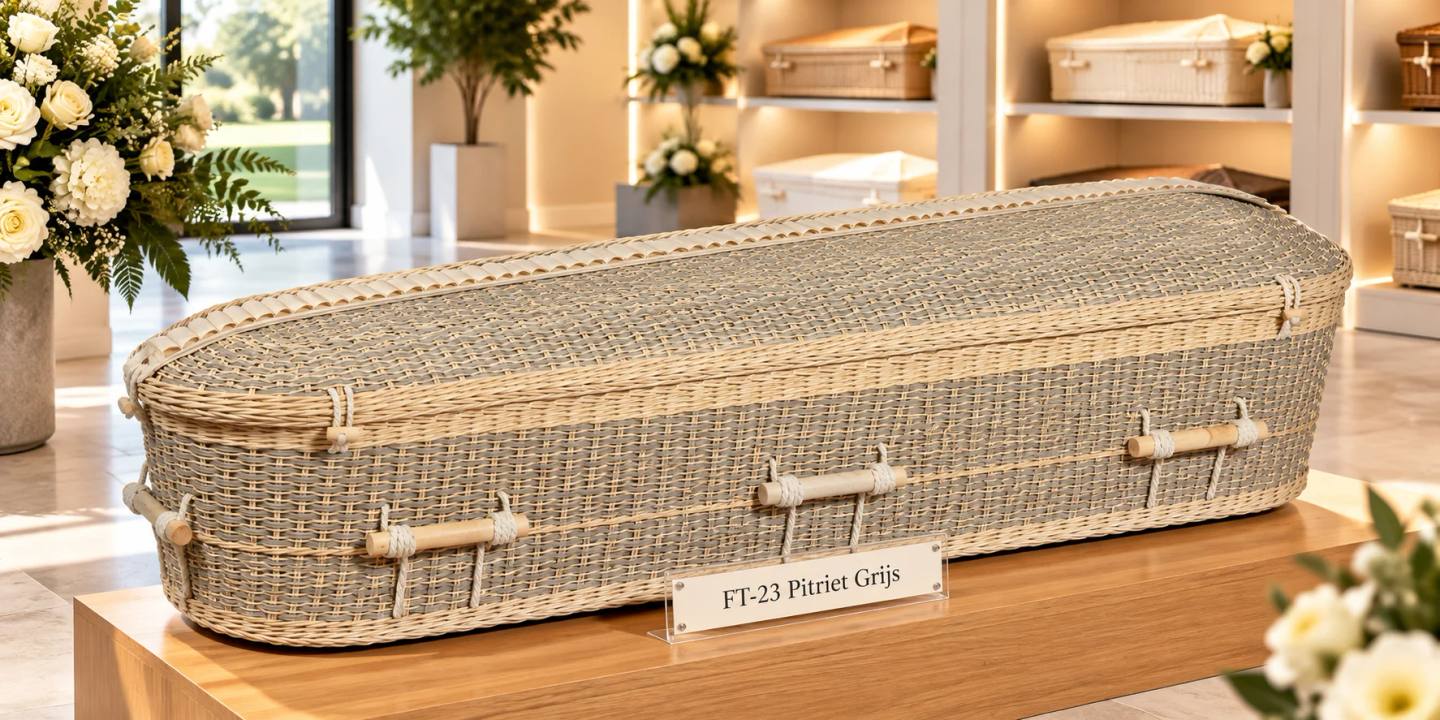 Een uitvaartmand van gevlochten pitriet in grijs, rechthoekig met afgeronde hoeken en een lichte gevlochten rand, met houten staafgrepen aan wit touw