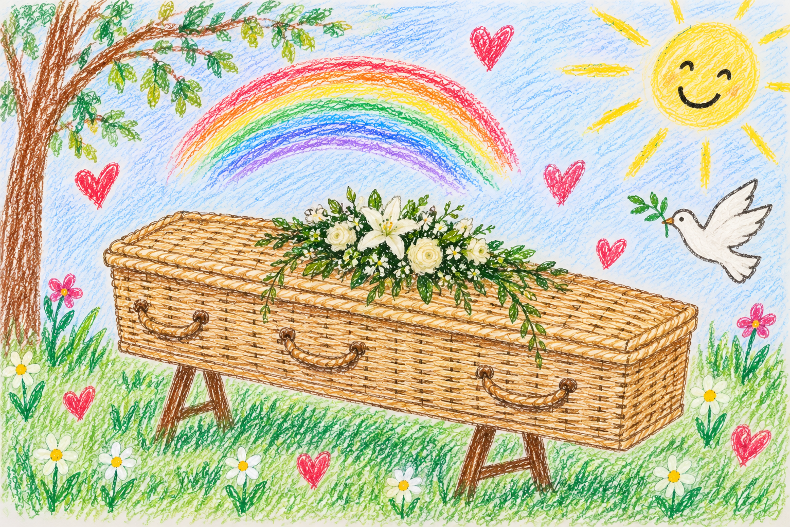 Tekening in kleurpotlood, in kinderstijl, van een rieten kist met witte bloemen erop in het gras, onder een regenboog, met een lachende zon, een witte duif en rode hartjes