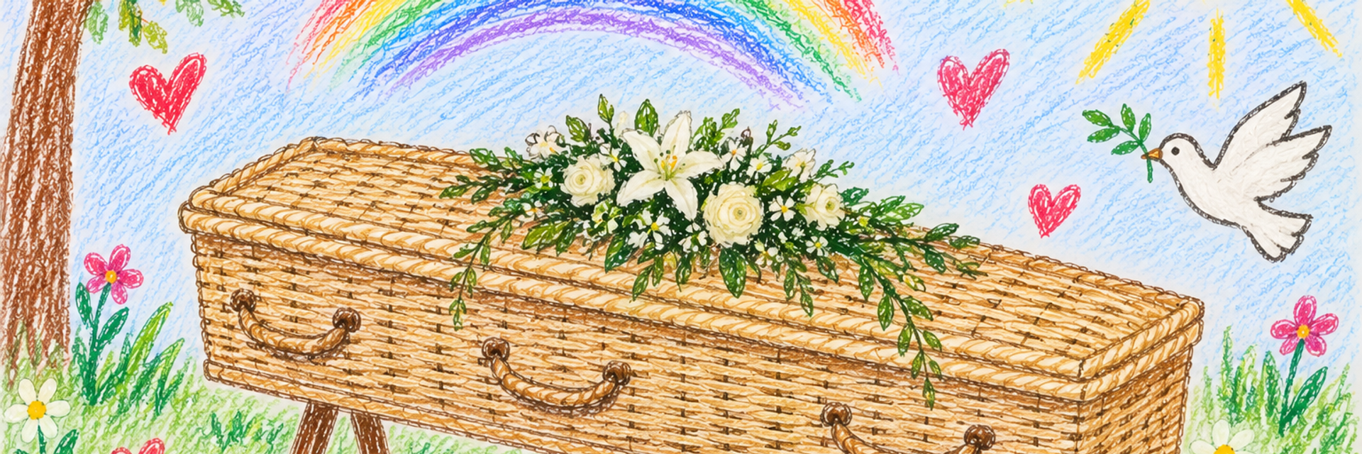Tekening in kleurpotlood, in kinderstijl, van een rieten kist met witte bloemen erop in het gras, onder een regenboog, met een lachende zon, een witte duif en rode hartjes