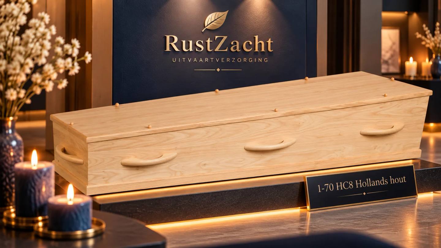 Uitvaartkist van licht Hollands hout met gebogen houten grepen