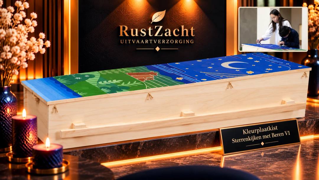 Houten uitvaartkist met een ingekleurde sterrenhemel en landschap op het deksel