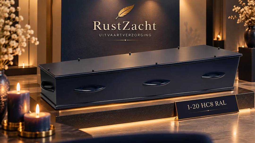 Donkerblauw gelakte uitvaartkist met grepen in dezelfde kleur