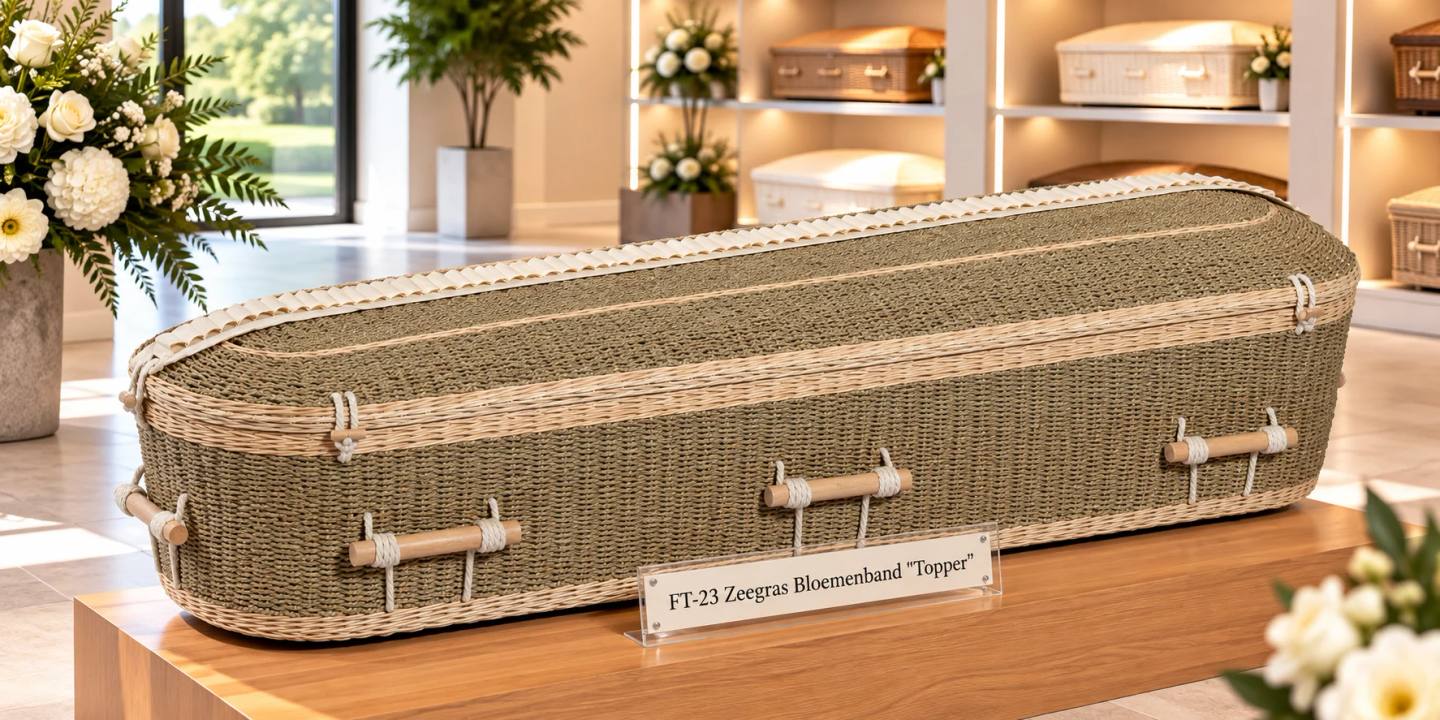 Een uitvaartmand van gevlochten zeegras in groengrijs, rechthoekig met afgeronde hoeken en een lichte gevlochten rand, met houten staafgrepen aan wit touw