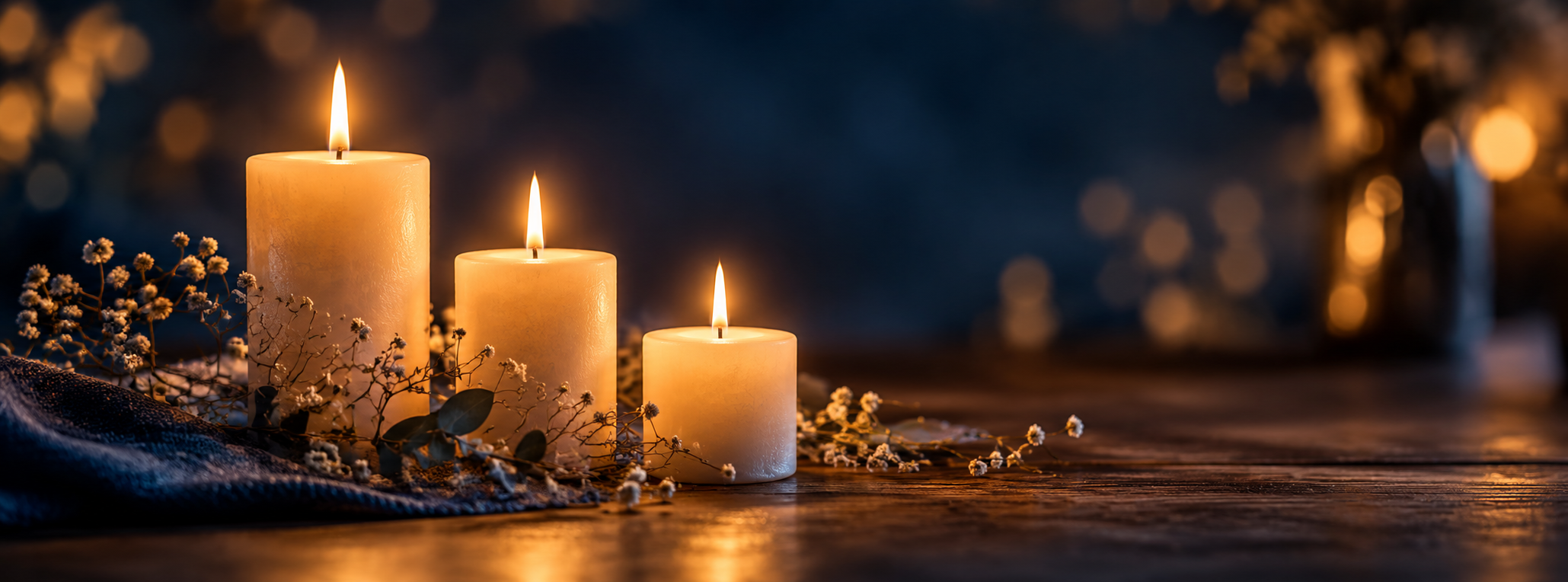 Drie brandende kaarsen van verschillende hoogte op een donkere houten tafel, links tussen gipskruid en eucalyptus op een donkerblauwe doek, met daarachter een donkerblauwe achtergrond vol warme lichtjes.