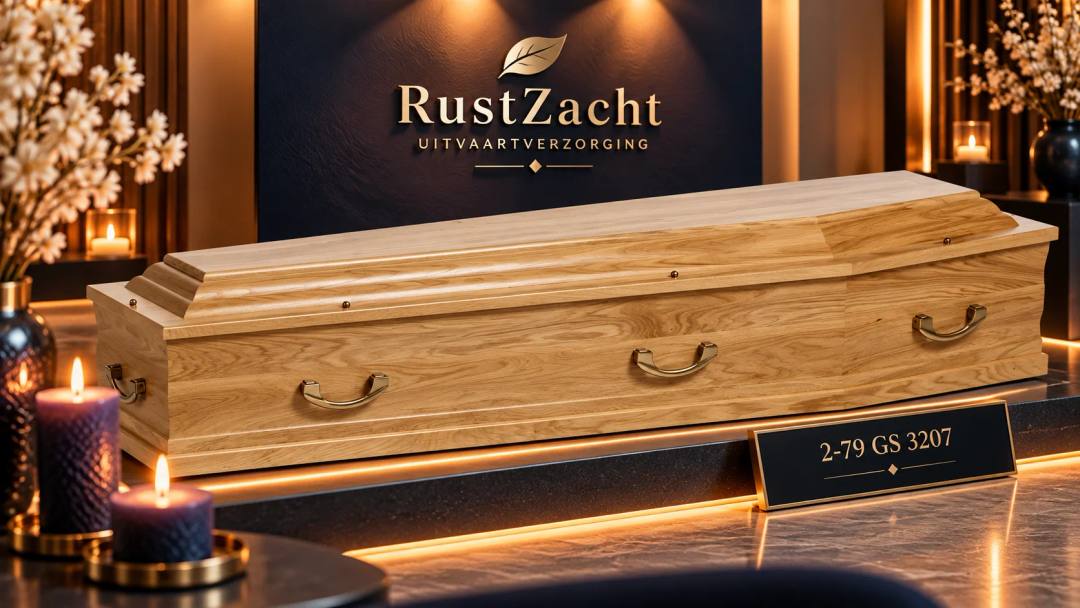 Uitvaartkist van gelakt licht eiken met een getrapt deksel