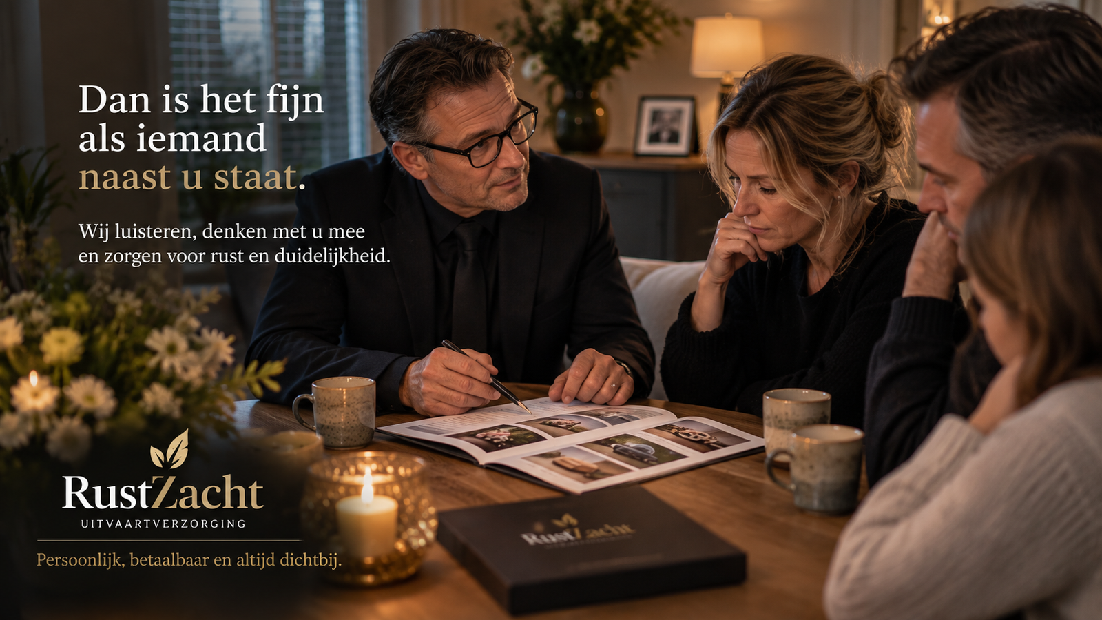 Een uitvaartverzorger zit aan tafel bij een gezin en bladert met hen door een map. Tekst: "Dan is het fijn als iemand naast u staat. Wij luisteren, denken met u mee en zorgen voor rust en duidelijkheid."