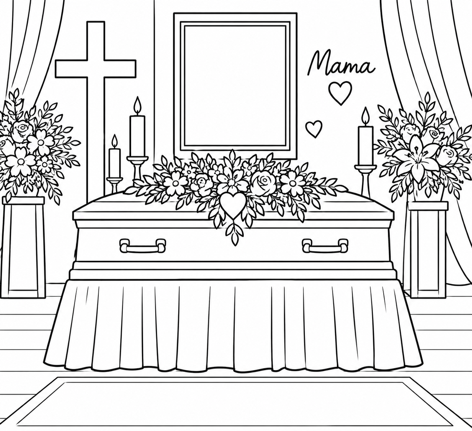 Kleurplaat van een opgebaarde kist met bloemen en een hart, met kaarsen, een kruis, een lege lijst en het woord "Mama"