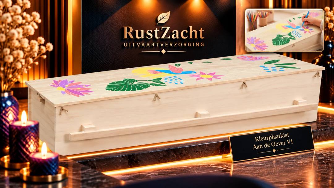 Houten uitvaartkist met een ingekleurde tekening van bloemen en een vogel op het deksel