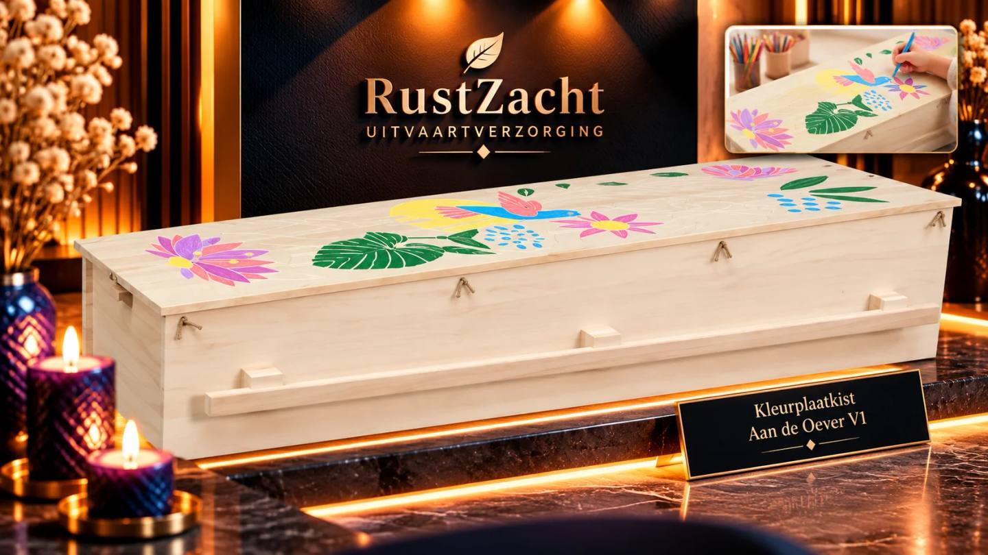 Houten uitvaartkist met een ingekleurde tekening van bloemen en een vogel op het deksel