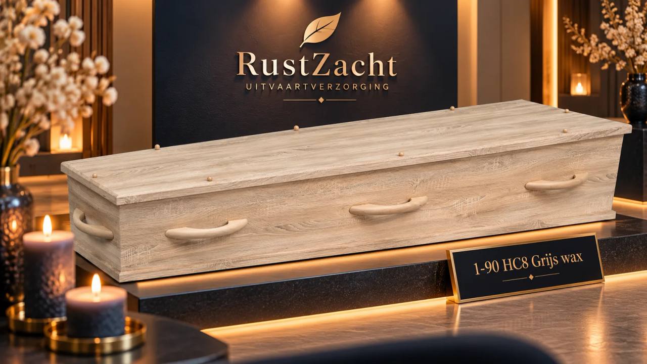 Uitvaartkist van grijs gewaxt eiken met gebogen houten grepen