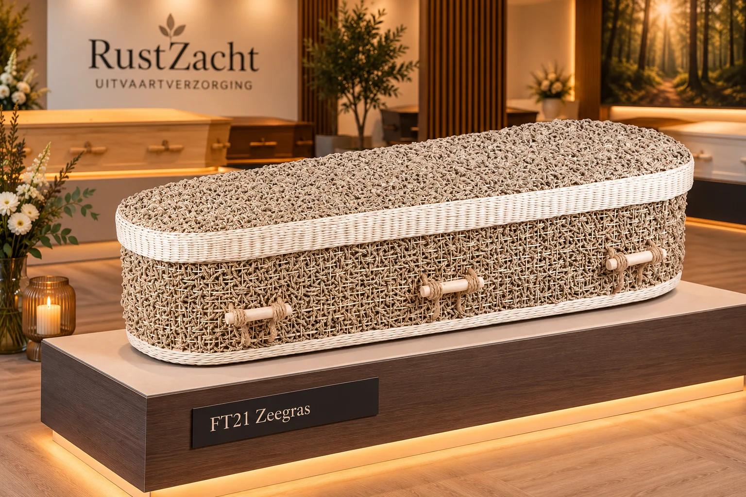 Een ovale uitvaartmand van open gevlochten zeegras in grijsbruin, met een witte rand van pitriet en houten staafgrepen aan touw, op een sokkel met naambordje