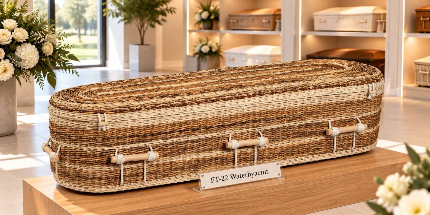 Een uitvaartmand van gevlochten waterhyacint in bruin met lichte banden, ovaal, met houten staafgrepen aan wit touw