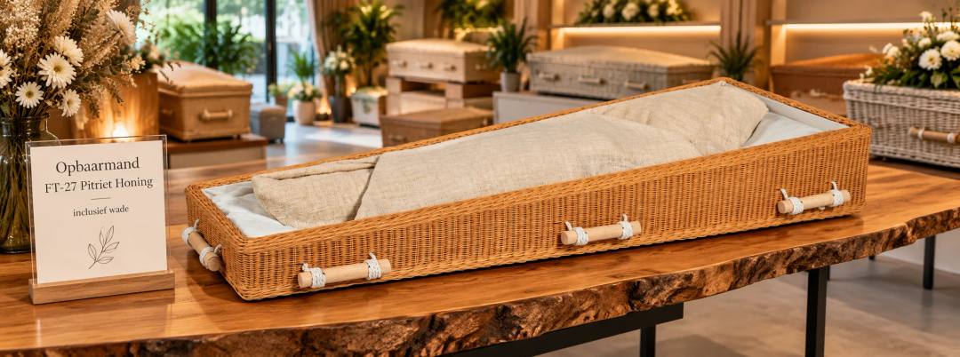 Een open opbaarmand van gevlochten pitriet in honingkleur, met een linnen wade erin en houten staafgrepen aan wit touw