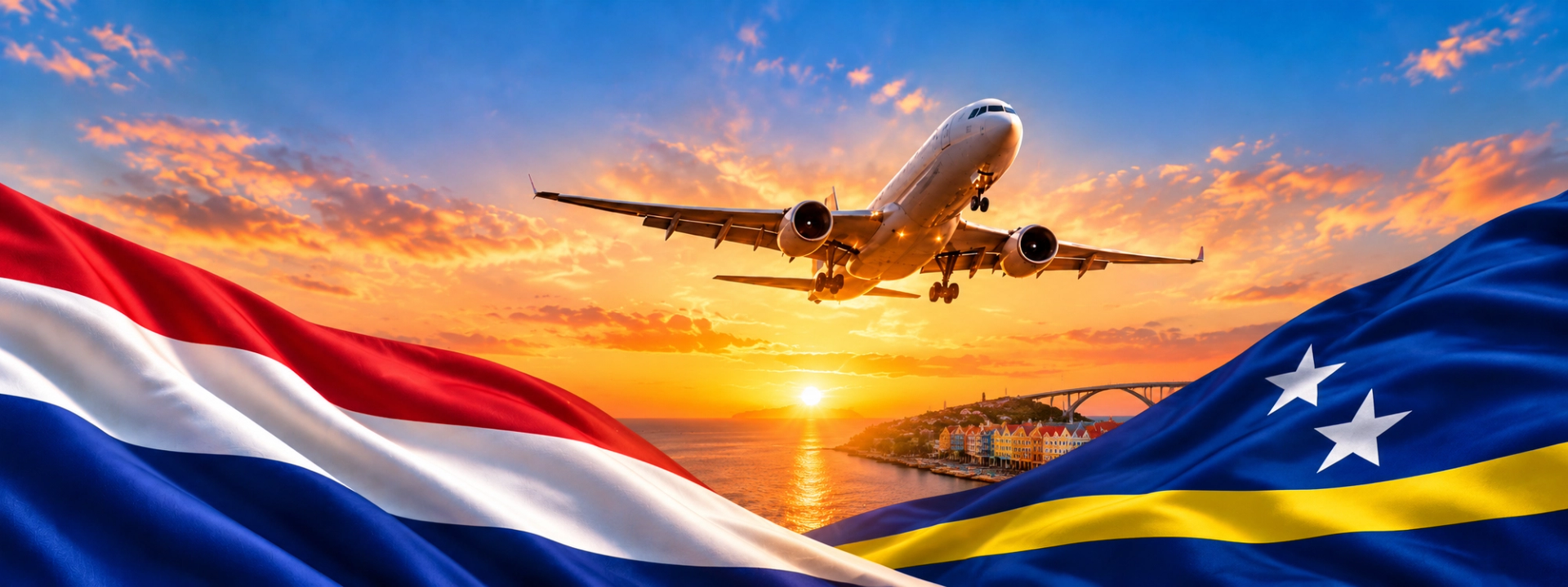 Een vliegtuig bij zonsondergang tussen de vlag van Nederland en de vlag van Curaçao