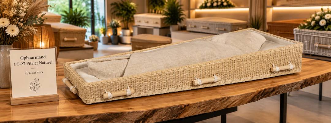 Een open opbaarmand van gevlochten pitriet in naturel, met een linnen wade erin en houten staafgrepen aan wit touw